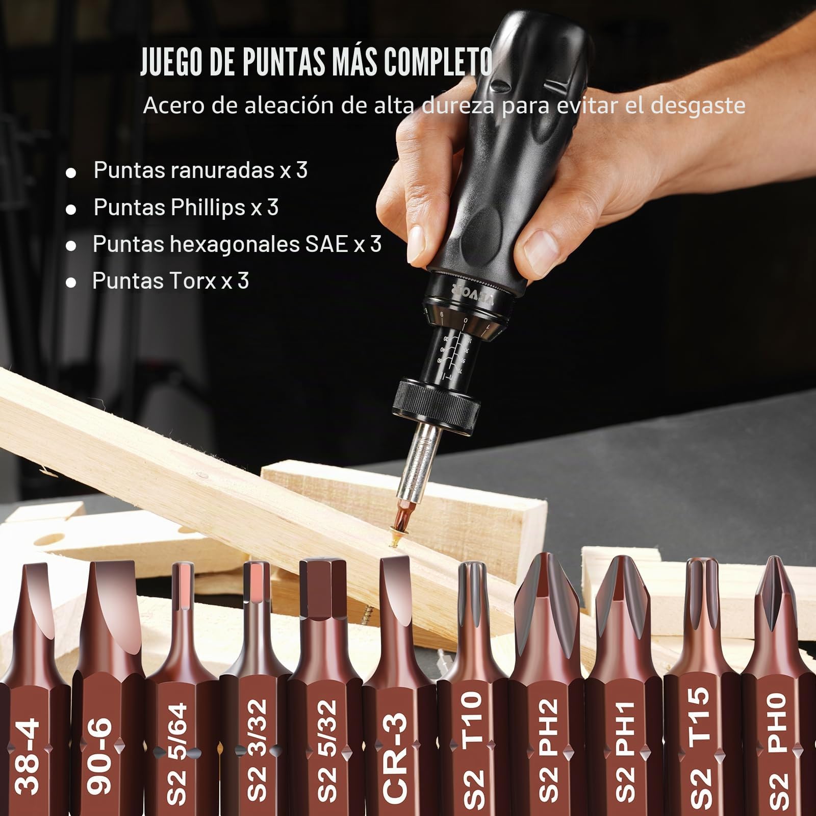 VEVOR Destornillador Dinamométrico Digital con Accionamiento de 1/4" con Pantalla LCD Rango de Par 1,13-7,91 Nm Incremento de 1 in/lb Juego de Brocas de Destornillador Dinamométrico con Escala