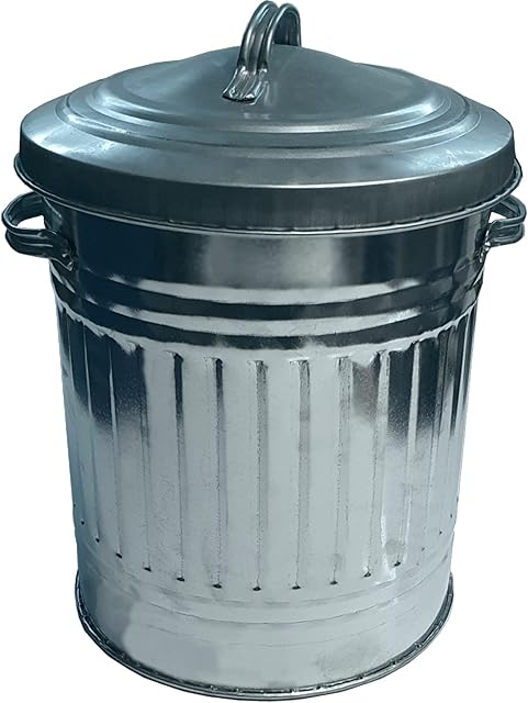 Metal Bin with Dustbin Lid Strong Galvanised 30 Litre Bin Ideal for the Home, Kitchen Rubbish, Waste, Outdoor Bin, Indoor Bin, Animal Feed, Pet Food Bin - 30L
