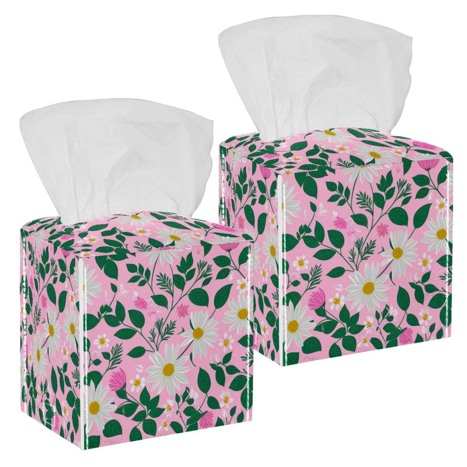 Aesthetic Flower Tissue Box Cover, 2 Pack PU Leather Square Facial Tissue Dispenser Box holder for Home Office Car