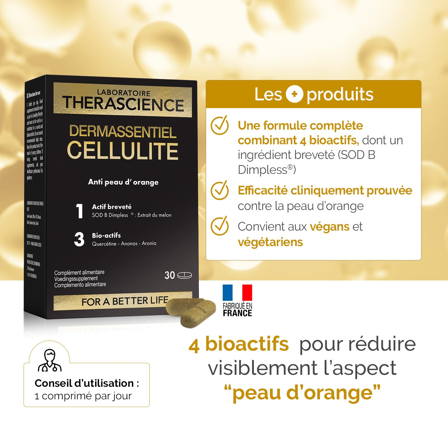 THERASCIENCE DERMASSENTIEL CELLULITE 30 comprimés Action anti-capitons Superoxyde Dismutase de Melon Quercétine Bromélaïne Aronia