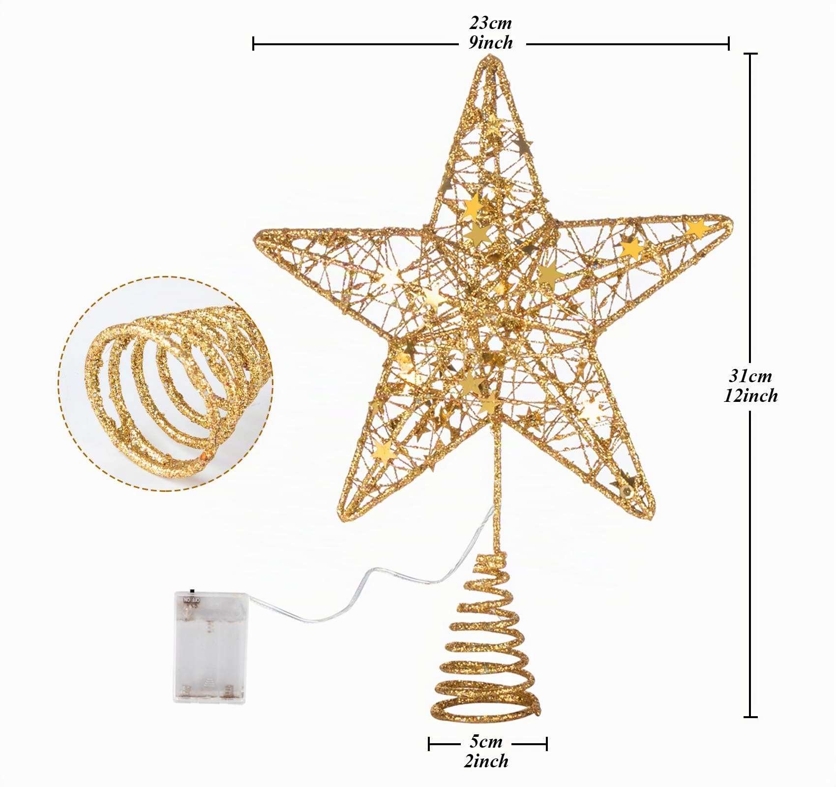Estrellas doradas para coronar el árbol de Navidad de 12 pulgadas, estrella LED brillante de metal para árbol, adornos de estrellas para coronar el árbol de Navidad para decoración del árbol navideño