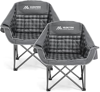 Huskfirm 2 Pack Oversized Padded Camping Chairs Heavy Duty 450lbs Foldable w/ Cooler Bag Cup Holder Portable Lawn Chair Grey