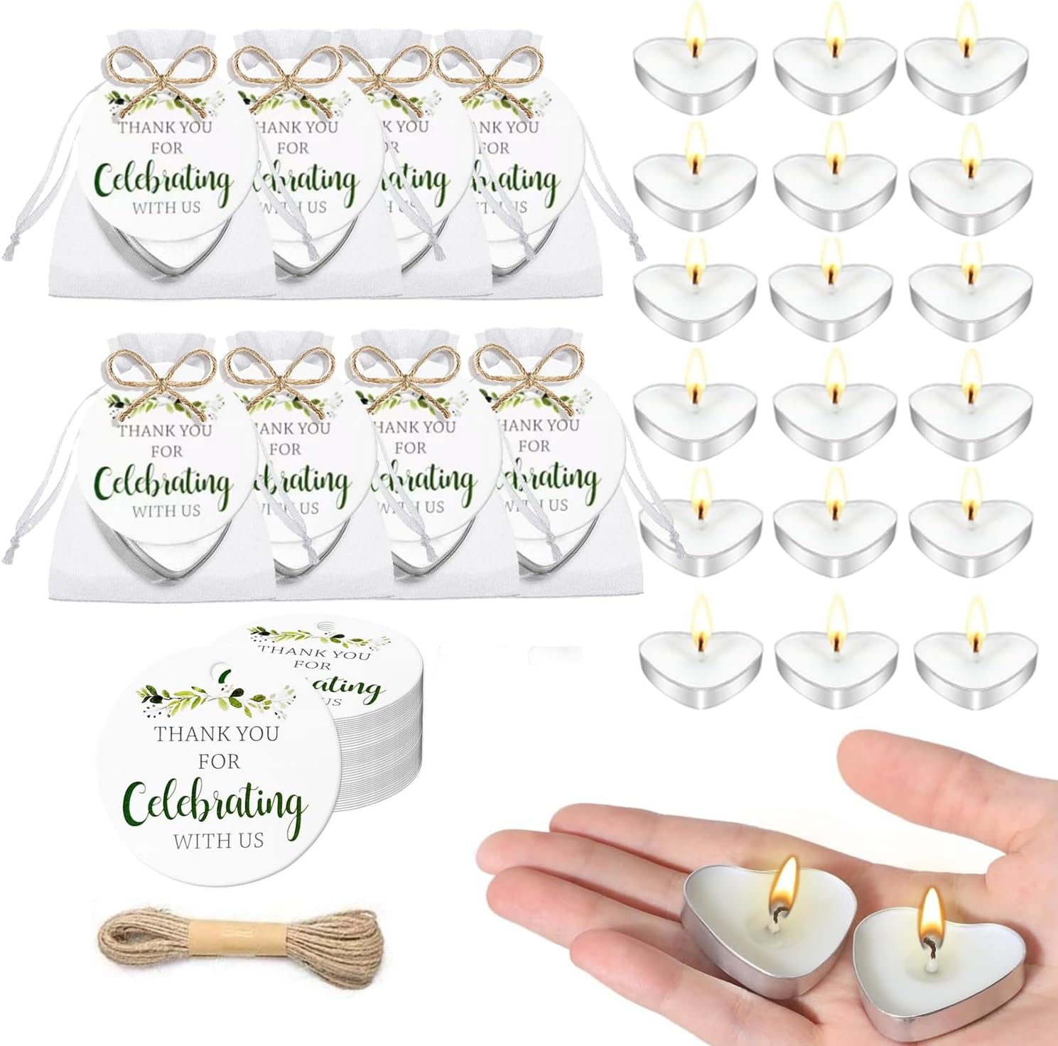 100 Sets Wedding Gifts for Guests Heart Shaped Candles Mini in Organza Bags with Thank You Cards, Party Favors for Bridal Shower, Birthday Party, Wedding Anniversary, Baby Shower Decorations