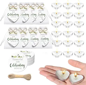 100 Sets Wedding Gifts for Guests Heart Shaped Candles with Thank You Cards and Organza Bags