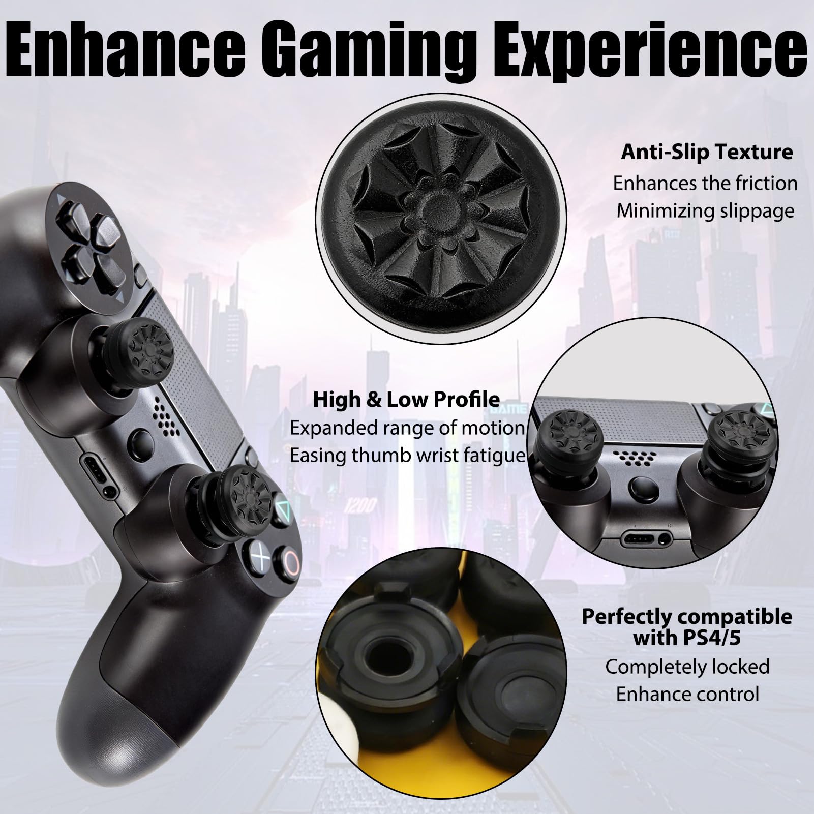 Thumb Grips for PS4 PS5 Controller, Silicone Thumbsticks High-Rise & Mid-Rise Joystick Grip Thumb Stick Caps Accessories for Playstation 4 5 FPS Increase Comfort Improved Accuracy 2Pcs Black — view 3