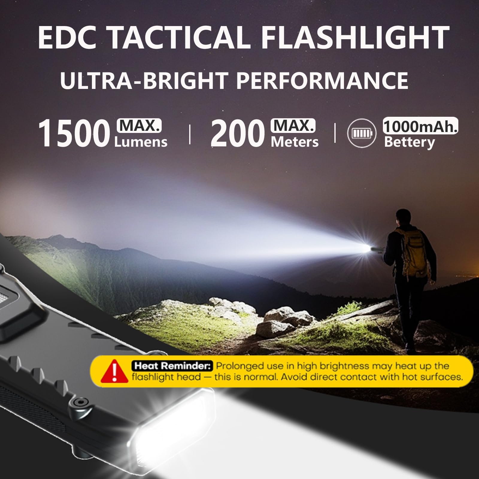 EDC torcia elettrica piatta 1500 lumen ricaricabile piccola torcia a LED con due interruttori e display digitale, in acciaio inox, 8 modalità, torcia elettrica per casa, campeggio ed emergenze 2pc