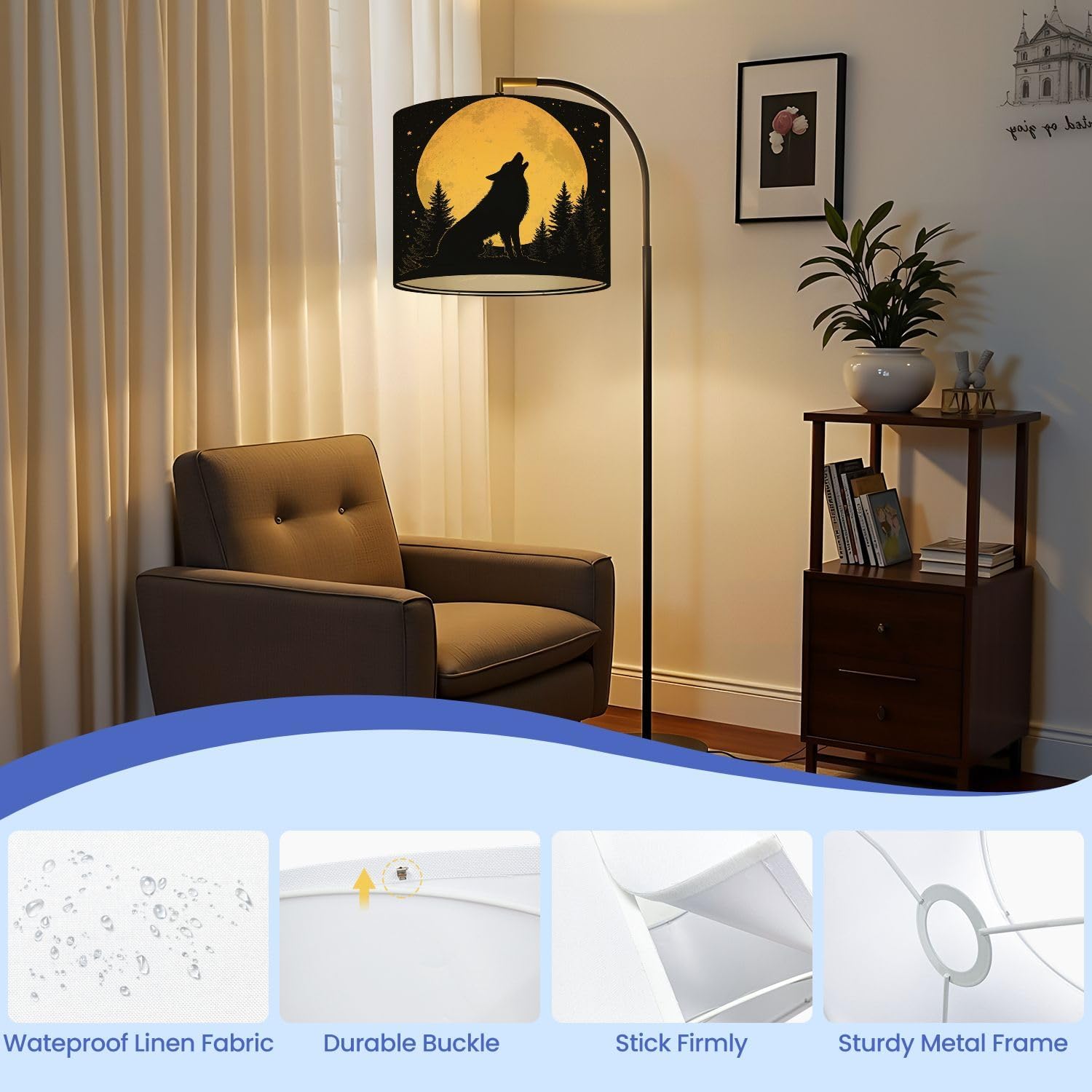 Linen Drum Lamp Shades 1 Pack Easy Assembly 13’’ W x 10’’ H Wolf Howling Under Golden Full Moon Forest Rustic Replacement Lamp Shades for Table Lamps Farmhouse Lamp