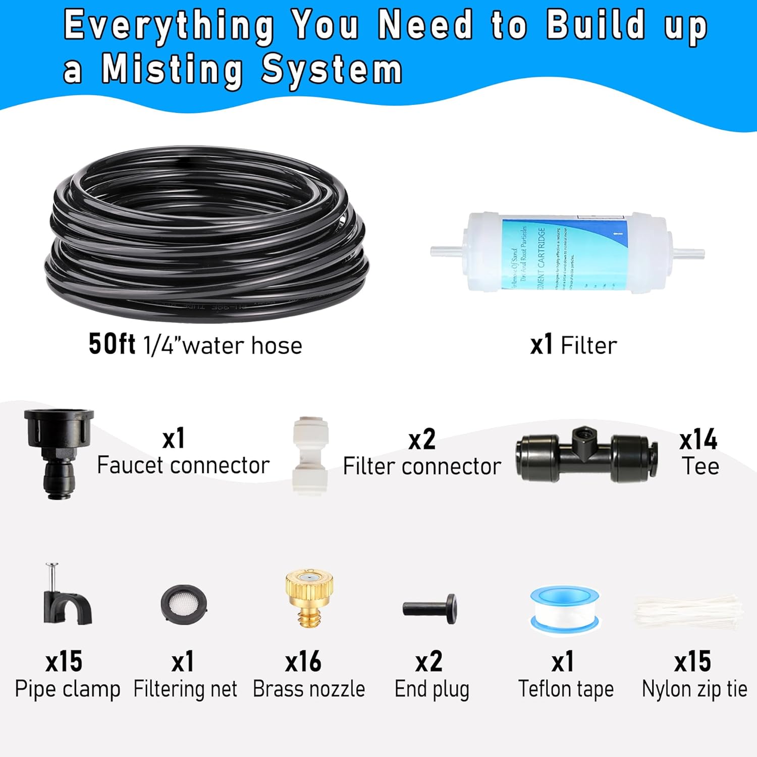 50FT Misters for Outside Patio Outdoor Misting Cooling System with Water Filter, Outdoor Mist Kit for Garden,Greenhouse,Deck,Umbrella,Canopy,Pool,Porch,Trampoline,BBQ Party
