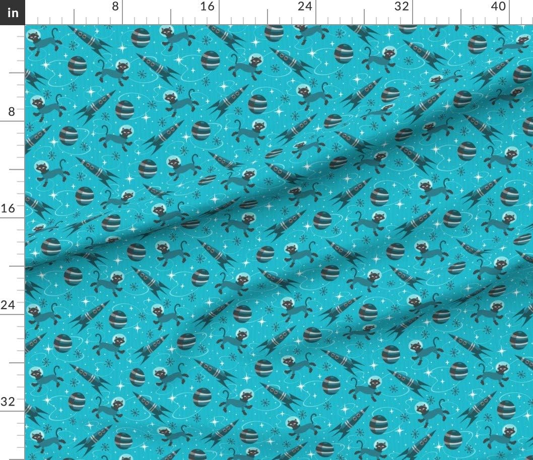 Spoonflower Fabric - Cats Future Teal Cat Pet Animal Retro Atomic Rocket Space Astronaut Printed on Petal Signature Cotton Fabric by The Yard - Sewing Quilting Apparel Crafts Decor