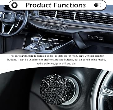 Bling Car Push Start Button Cover, Crystal Round Ball Auto Engine Start Button Sticker, Sparkly Joystick Engine Ignition Switch Knob Decal, Auto Start Stop Decorative Cover for Girls (Black)