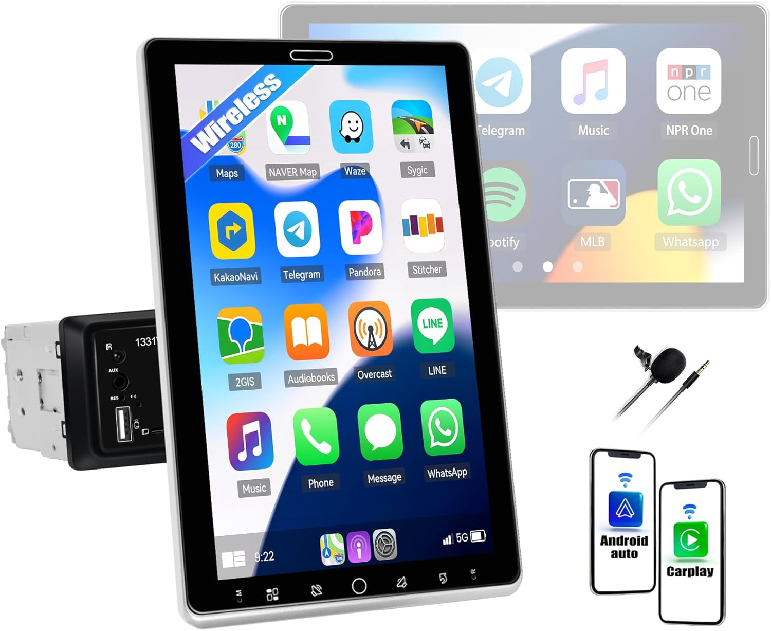 10.1" Rotatable Single Din Car Stereo with Wireless Apple Carplay Android Auto, IPS MIPI Car Play Touch Screen Car Radio, Bluetooth 5.2 Car Audio Receivers Support Mirror Link FM RDS USB TF AUX EQ SWC