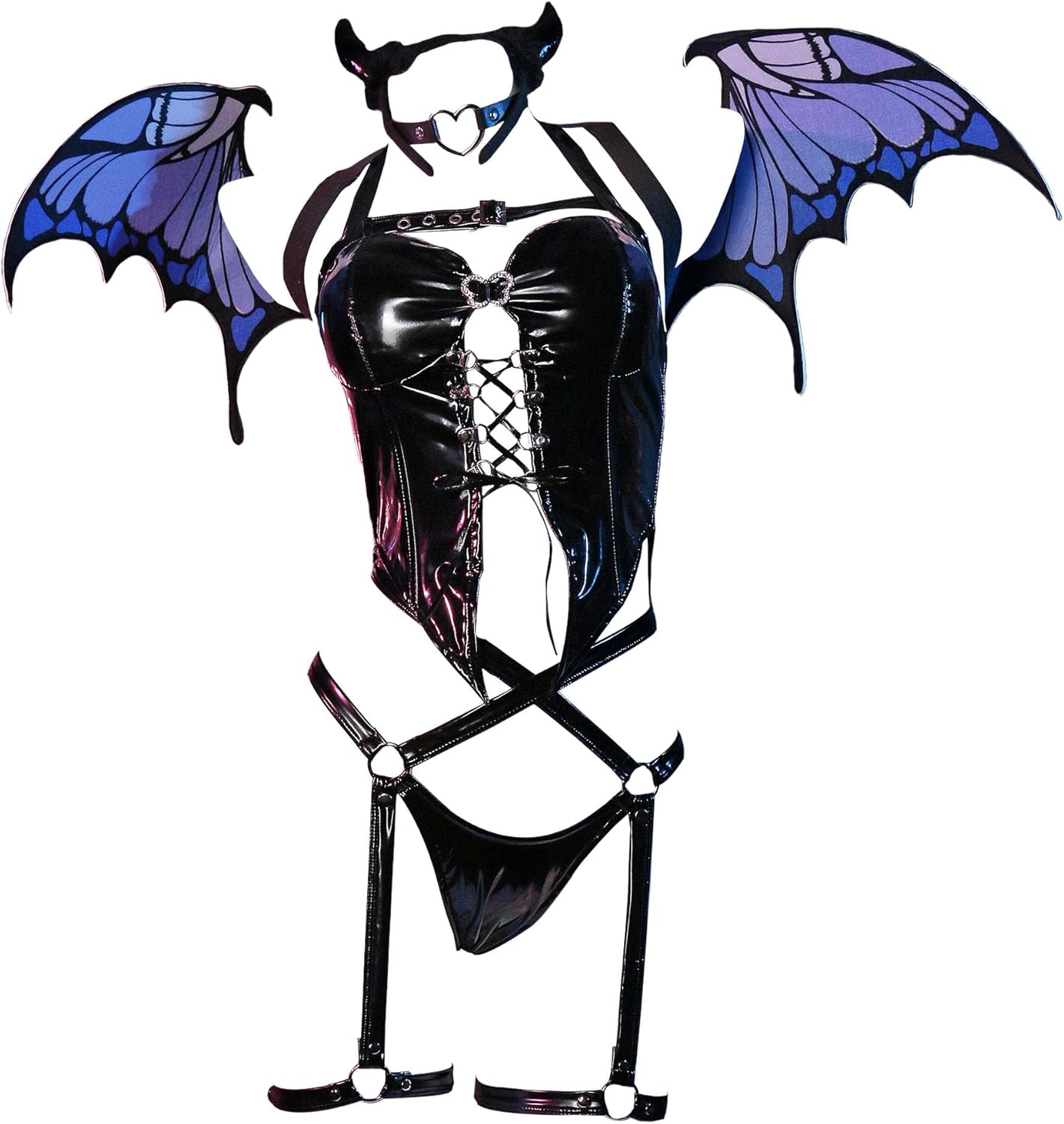 Mobbunny Butterfly Goth Lingerie for Women Sexy Cosplay Halloween Gothic Halter Lace-up Corset Top Thong with Wing Gloves