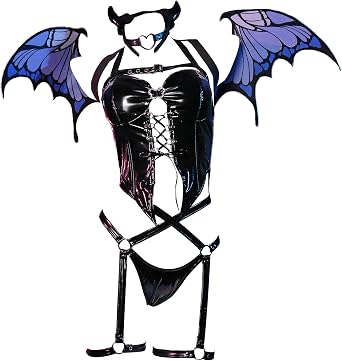 Mobbunny Butterfly Goth Lingerie for Women Sexy Cosplay Halloween Gothic Halter Lace-up Corset Top Thong with Wing Gloves