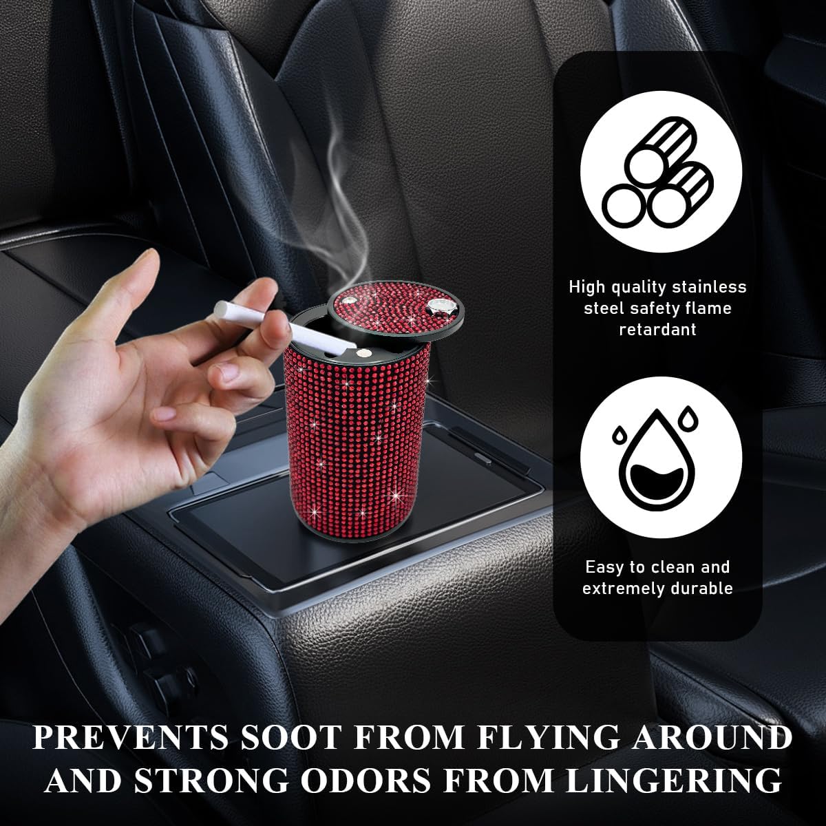 Ohleats Bling Car Ashtray, Rhinestones Auto Mini Car Ashtray Portable with Lid Smell Proof, Smokeless Vehicle Cigarette Ashtray Ash for Women, Universal Interior Car Accessories (Red) image 4