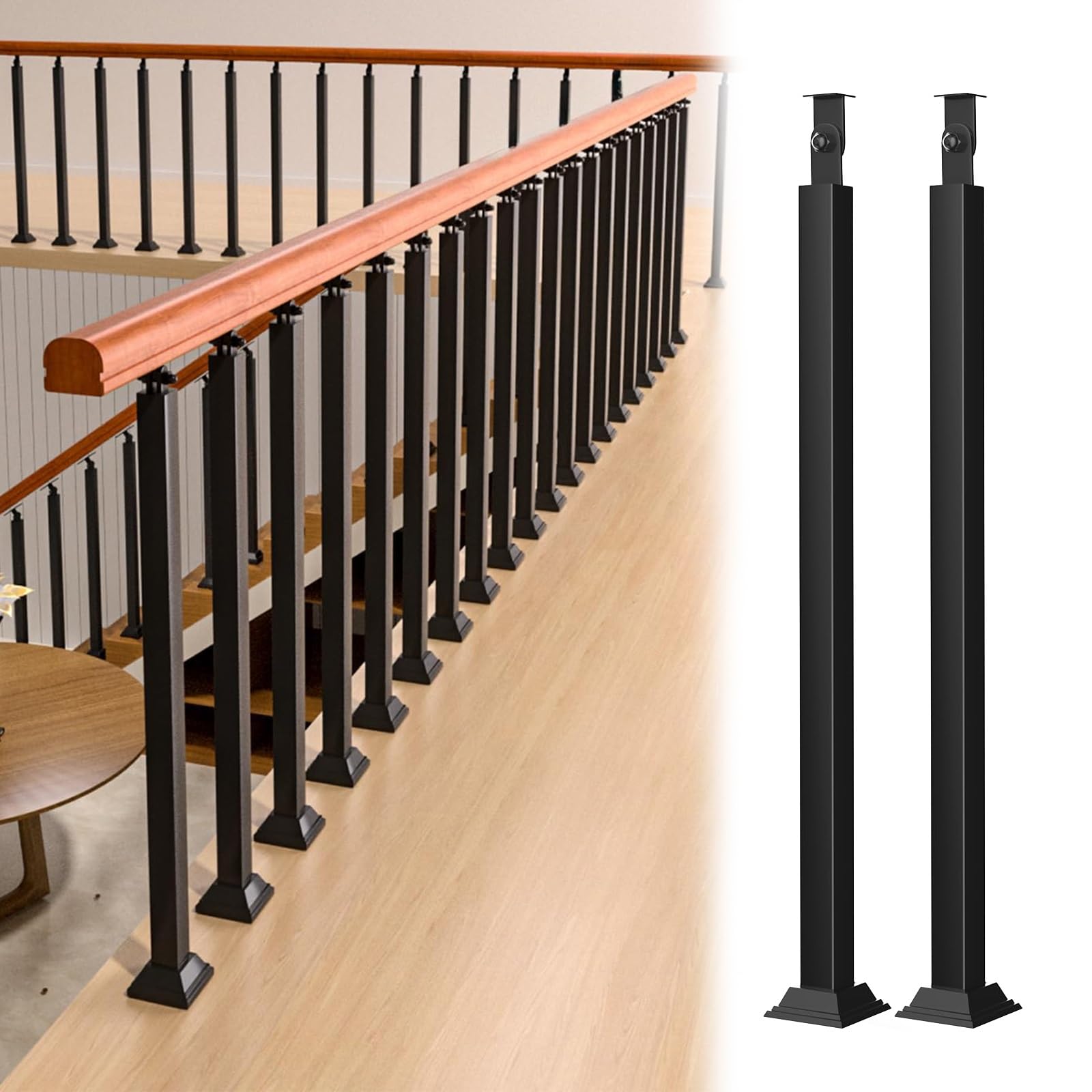 Postes de barandilla de escalera negros de 100 cm con husillos de metal ajustables en pack de 2