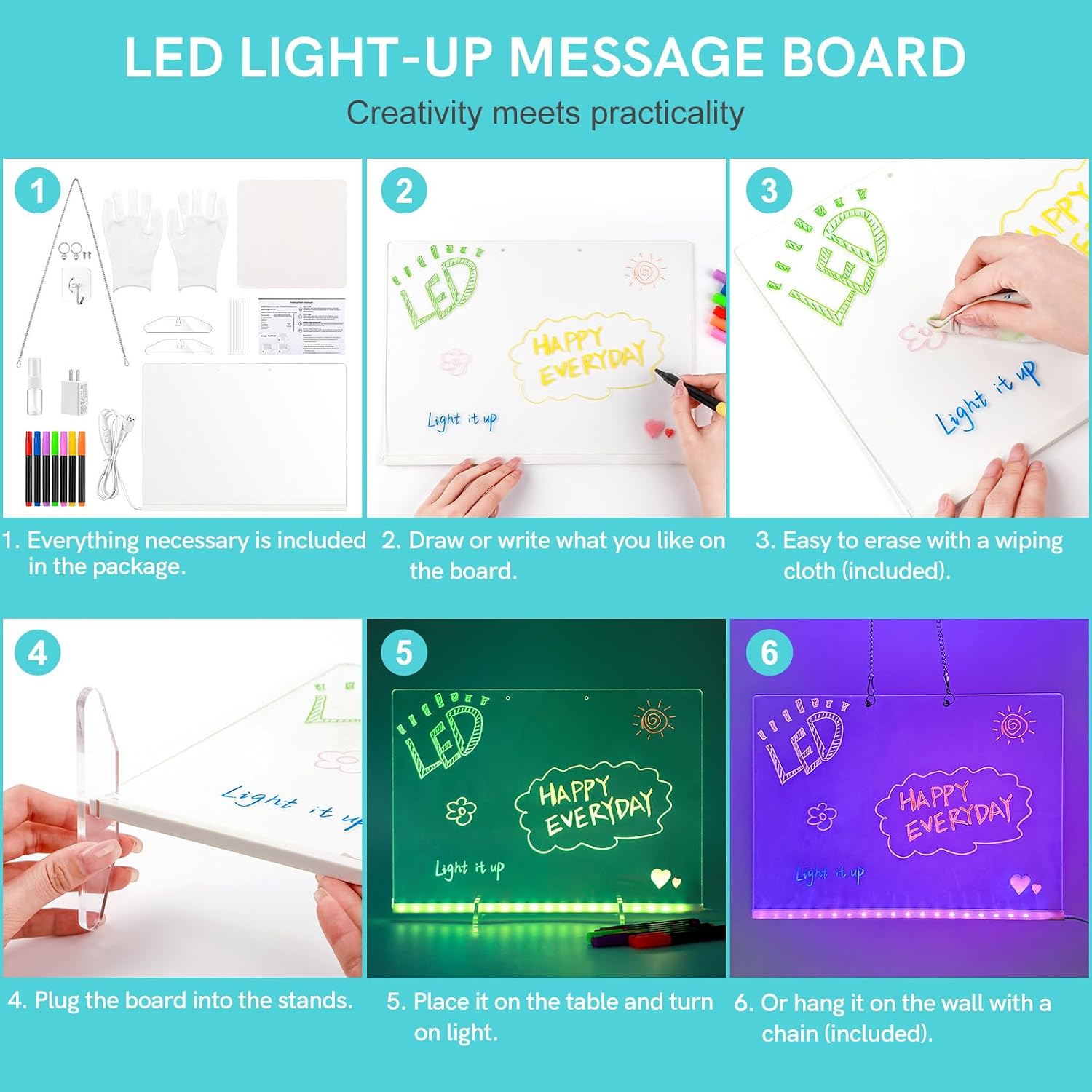 BAOFALI 2 in 1 LED Note Board with Colors, 13.8x10inch Acrylic Dry Erase Board with Light,4 Modes & 7 Colors Include Adapter, Hanging Chain, Led Drawing Board for with Stand, 7 Markers Wiping etc