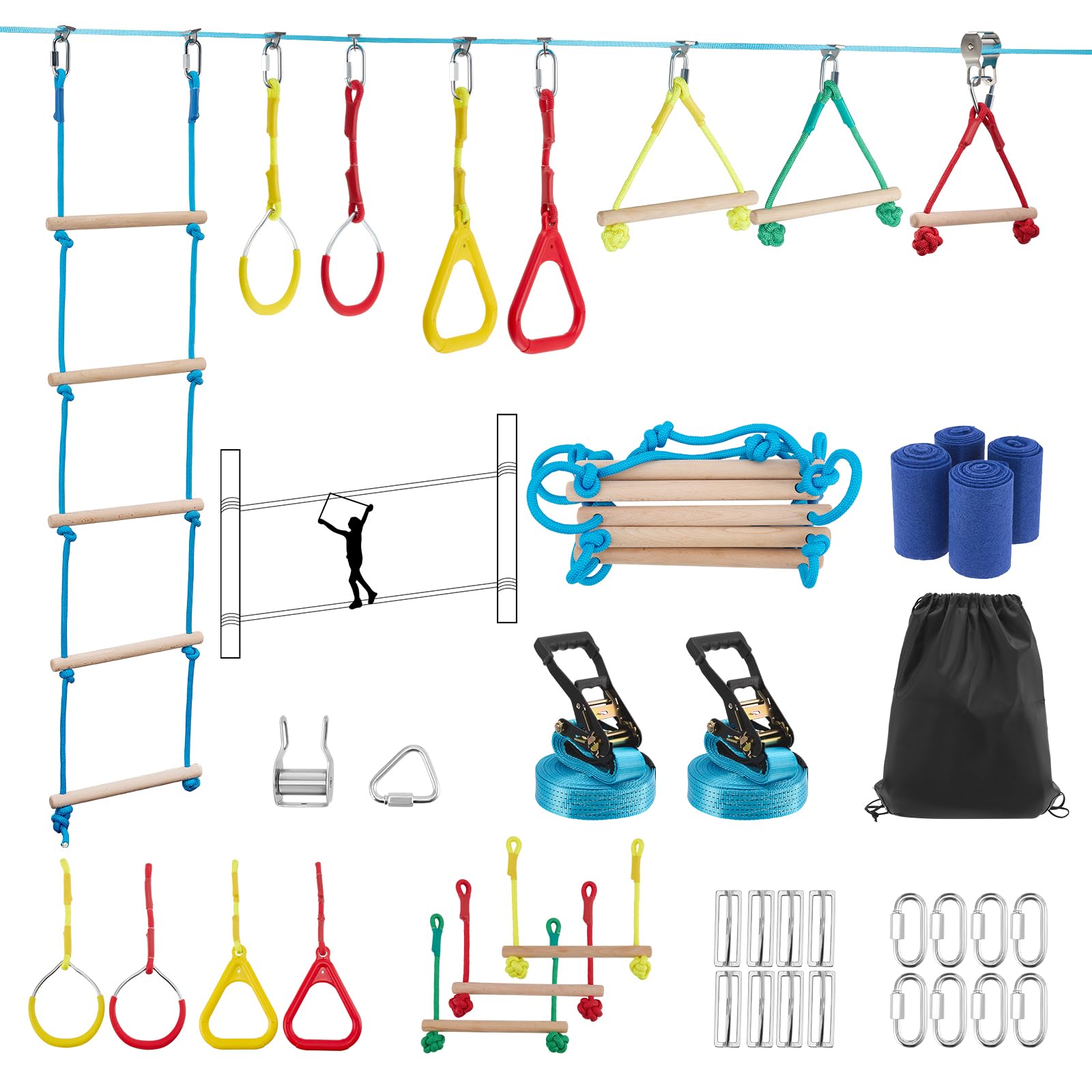 Ninja Slackline Set für Kinder, 15m (50FT) Outdoor Hindernisparcours mit Klettergerüst, Ringen, Seilrutsche & Baumschutz, 3–10 Jahre, 50kg Belastbarkeit