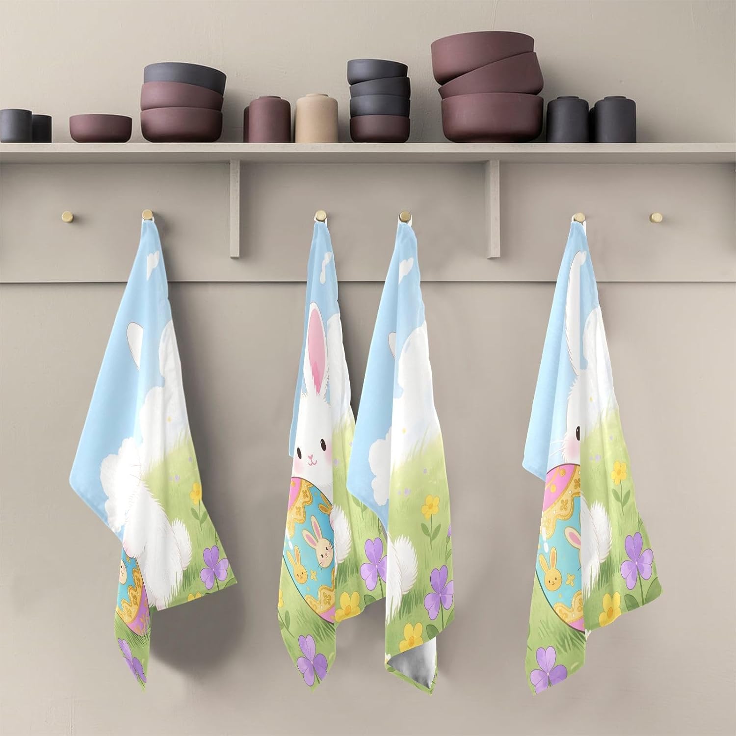 Easter Egg Bunny Kitchen Towels Set of 6, Soft Absorbent Quick Drying and Reusable Dish Towels for Kitchen, Bathroom and Home Decor, 18 x 28 in