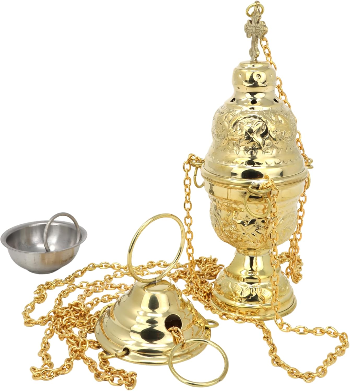 Needzo Ornate Hanging Brass Censer, Chatholic Church Supplies, 26" Chains with 7.5 Inch Body