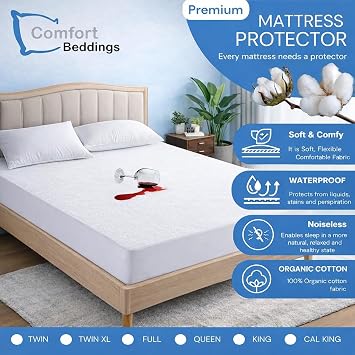 Comfort Beddings 100% Organic Cotton Mattress Protector Short Queen Mattress Cover 250GSM, Waterproof, Noiseless Fitted Bed Cover Protector with 8-18 Deep Pocket