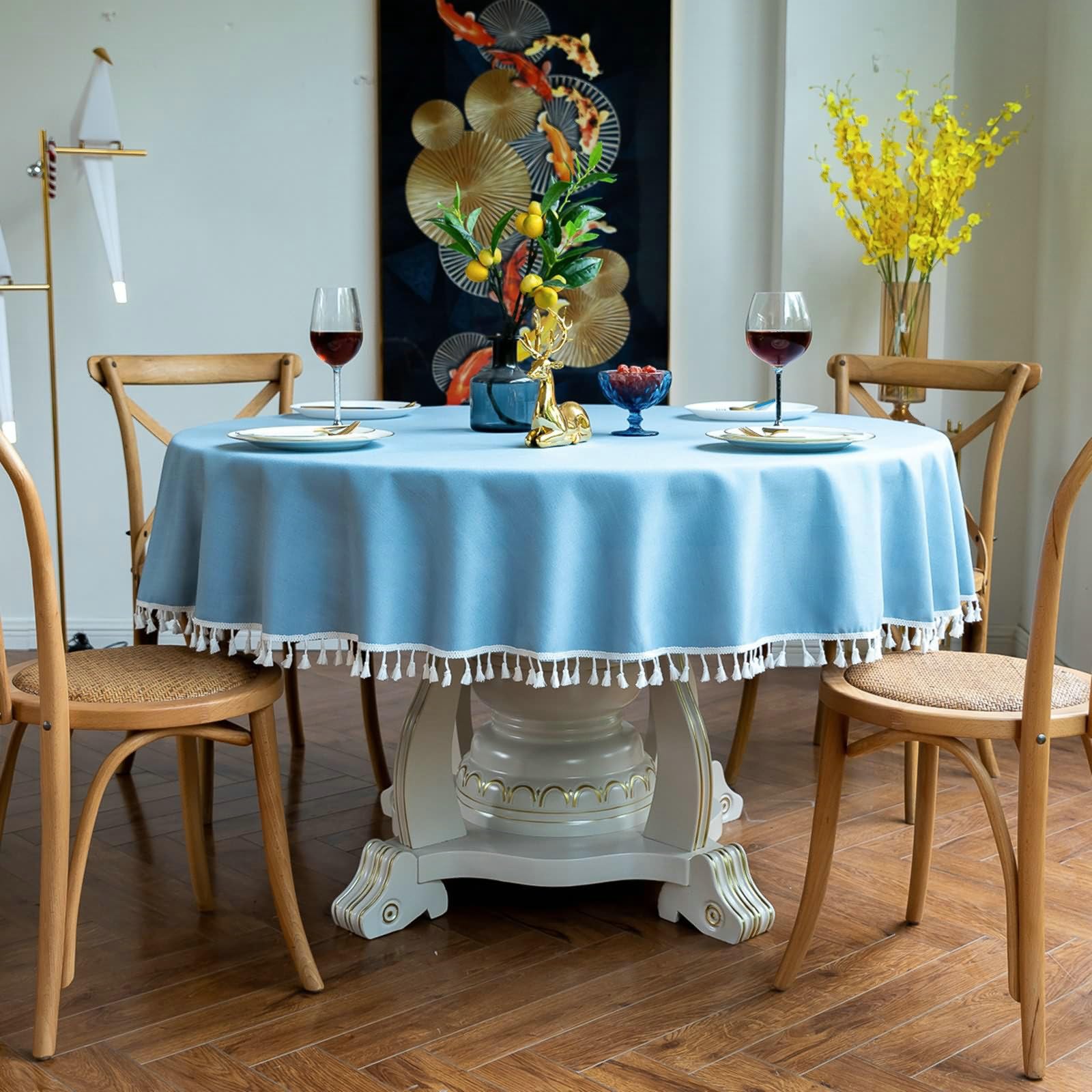 Gualiy Mantel Redondo de Tela, Poliéster Mantel Cocina Cafe Round 160CM Manteles de Mesa Antimanchas Color Sólido con Borlas Mantel para Mesa Cocina, Azul