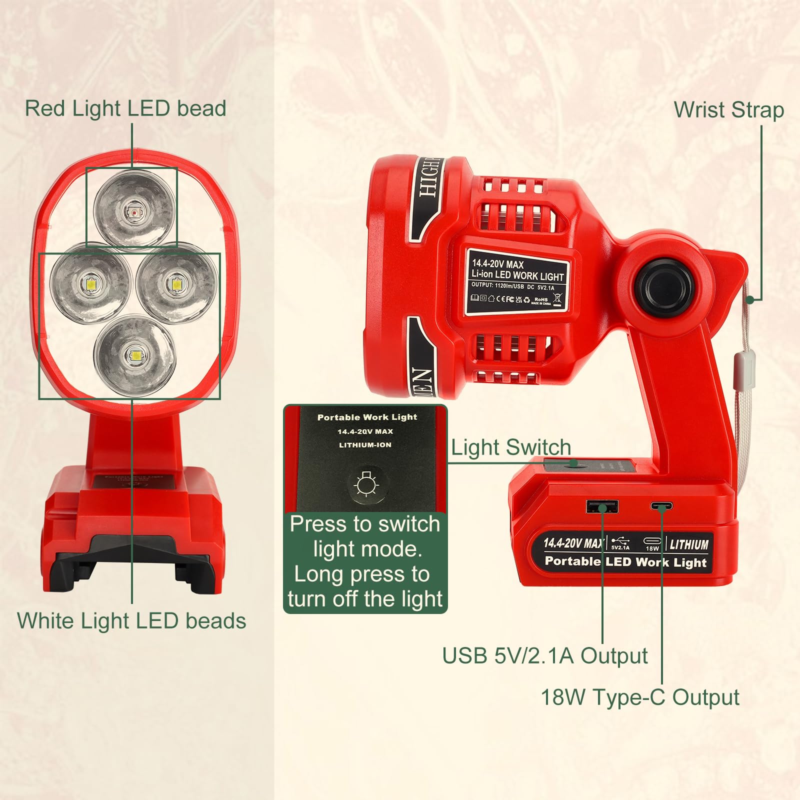 GRVODFRTA Cordless LED Work Light for Milwaukee M18 18V Battery 1120LM LED Outdoor Spotlight Flashlight with Red&White 4 Modes, Pivoting Head for Jobsite, Handheld Spot Light for Outdoor(No Battery)