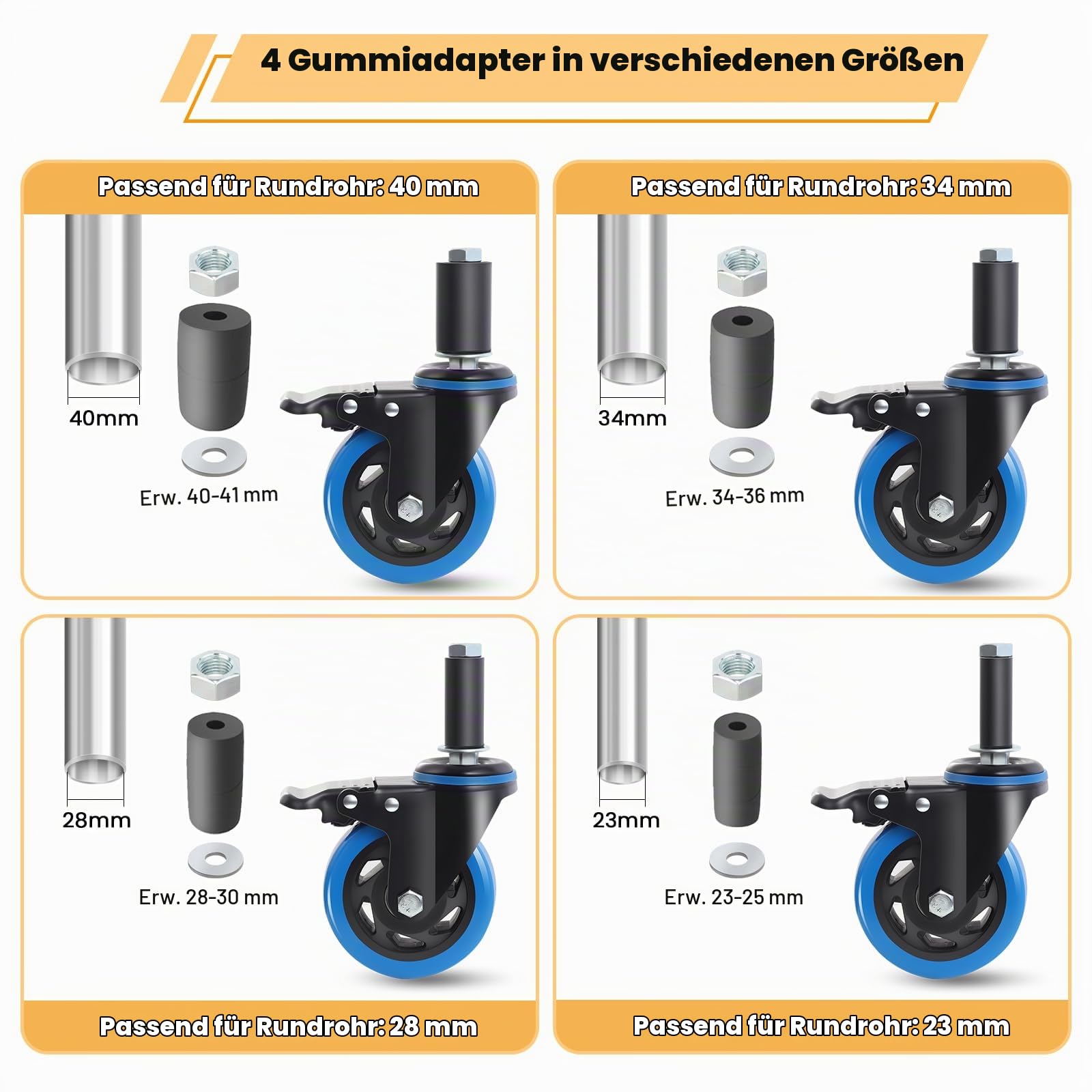 100mm Schwerlastrollen Set mit Bremse Blau 4 Zoll, 500KG Tragkraft, Passend für 23mm/28mm/34mm/40mm Rohrbeine, Ausziehbare Möbelrollen Industrie Rollen für Edelstahl Arbeitstisch