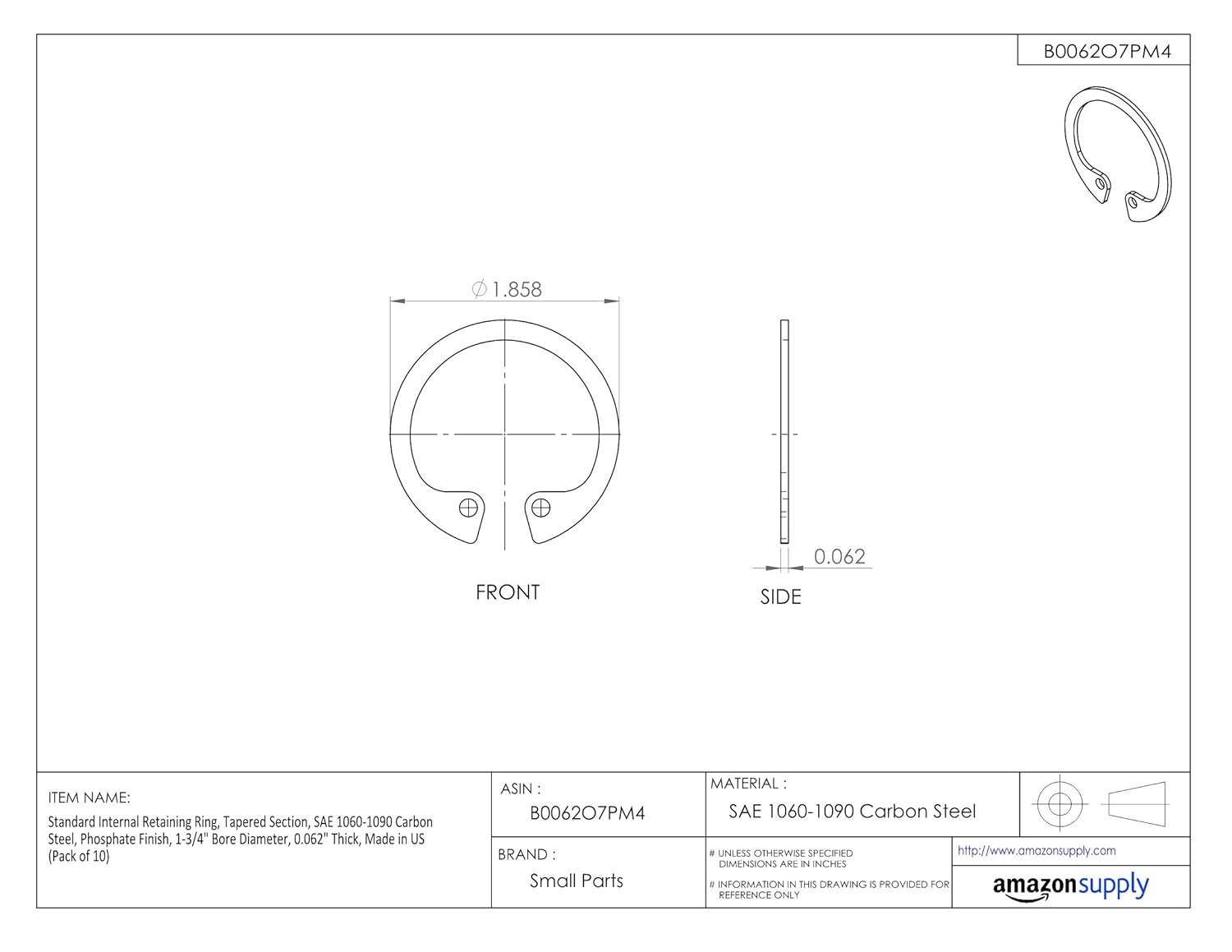 Standard Internal Retaining Ring, Tapered Section, SAE 1060-1090 Carbon Steel, Phosphate Finish, 1-3/4" Bore Diameter, 0.062" Thick, Made in US (Pack of 10)