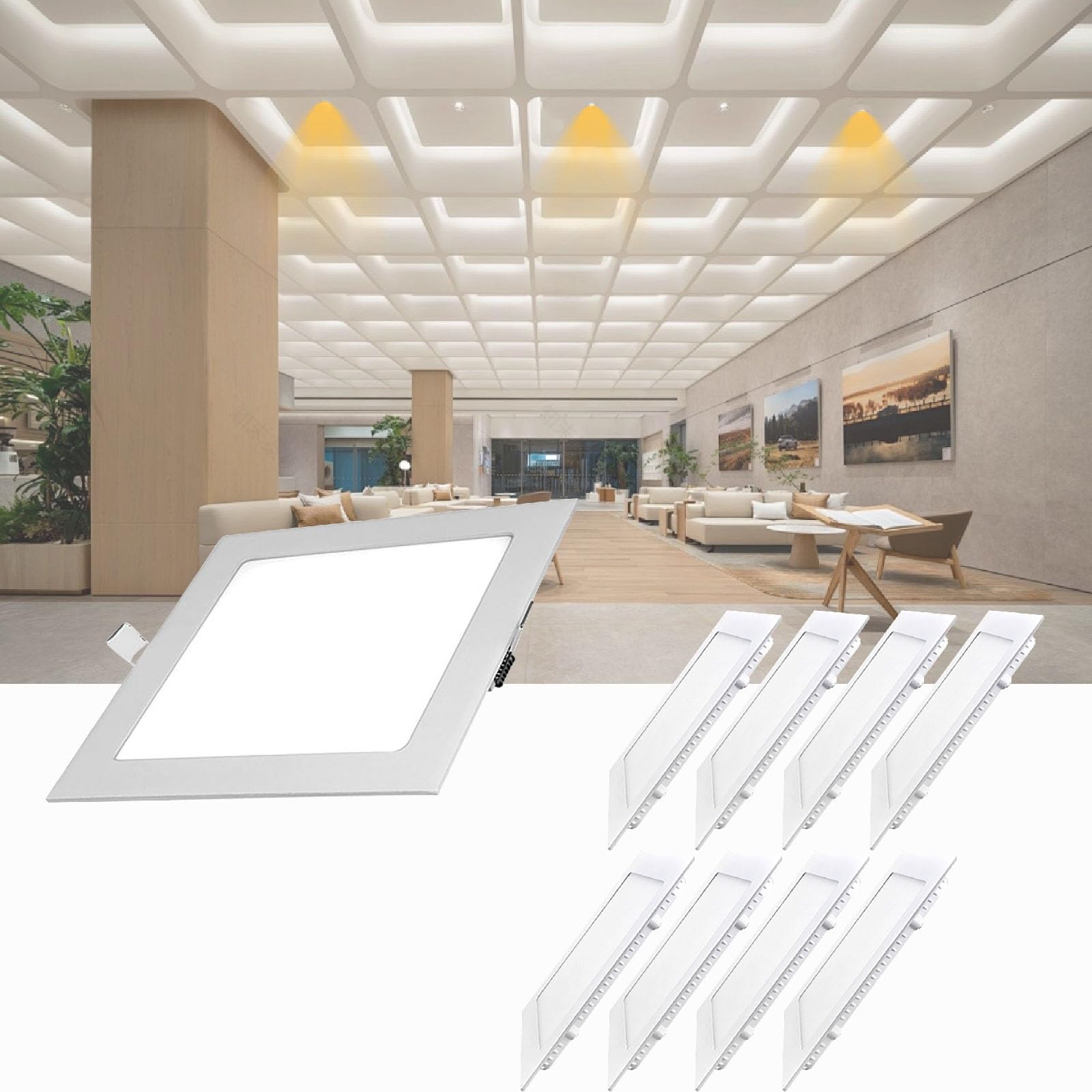 Confezione da 8 faretti da incasso a soffitto da 5 pollici, 6W 360LM, luci a pannello ultrasottili ad alta luminosità for negozi al dettaglio, showroom, illuminazione professionale(9Pack,3000K(warm wh