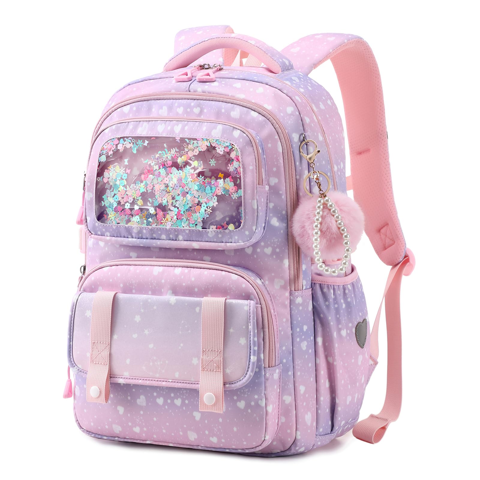 Sisipoet Schulrucksack Mädchen Teenager 8-16 Jahre, Niedlicher Gradient-Rucksack mit Multi-Taschen & Deko, Wasserdicht Schulranzen Mädchen 5.klasse, Schultasche für Schule & Reisen
