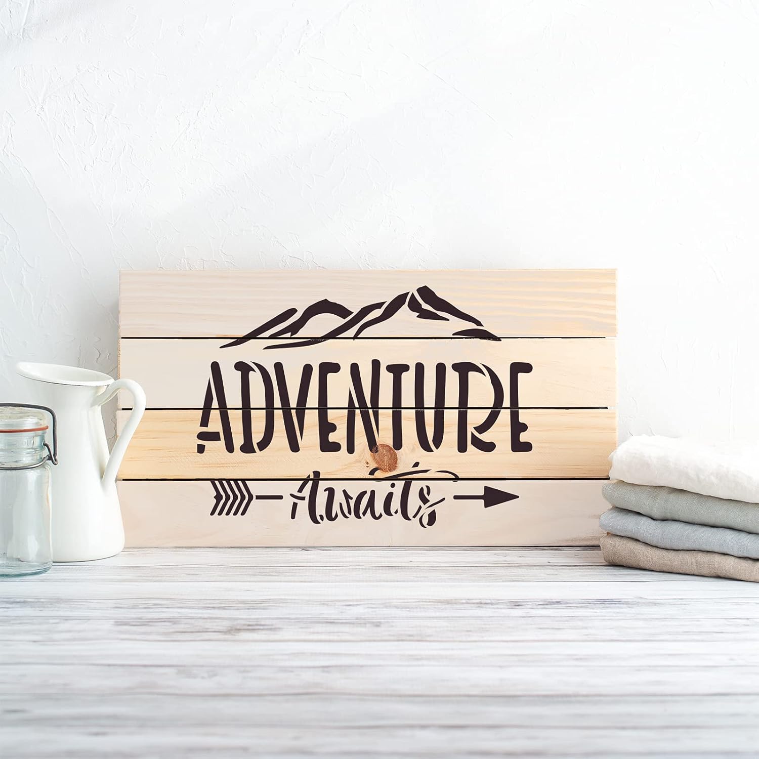 Adventure Awaits Stencil - Sign Stencil, DIY Decor, Travel Art, Adventure, Outdoor Stencil