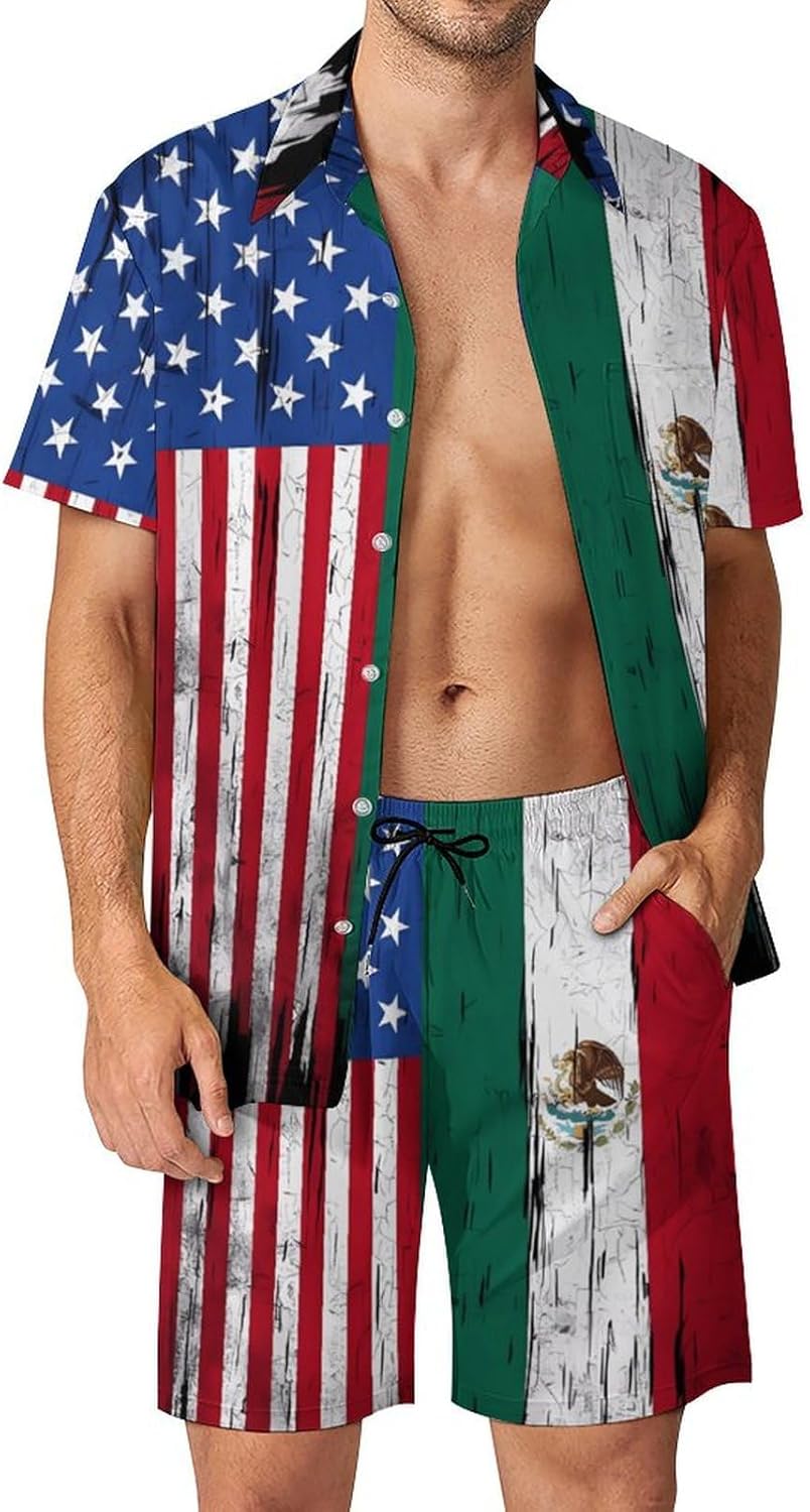 Half US Half Mexican Flag Men's Summer Beach Outfits Shirt And Shorts Set 2 Piece Vacation Swimwear