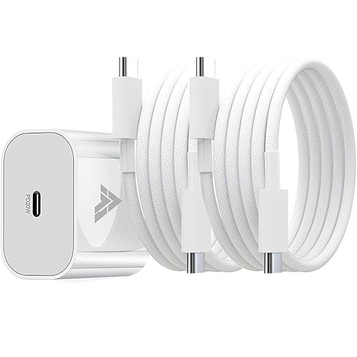 Dr Vaku 20W Fast Charger Adapter Compatible with iPhone 17/17 Plus/17 Pro/17 Pro Max, iPhone 16/15 & Other Type C Devices 1 Meter Nylon Braided Type C to C Data Cable PD 2.0 (1 Adapter + 2 Cable)