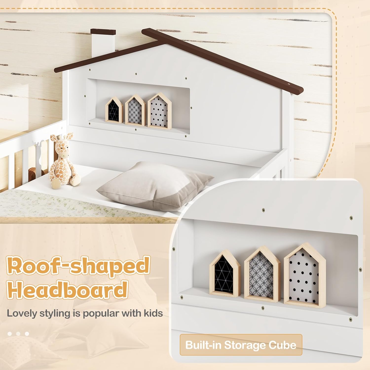 KOMFOTT Twin Bed Frame with Rails & House Shaped Headboard, Solid Wood Platform Bed with Safety Guardrails, Storage Cube & Under-Bed Storage, No Box Spring Needed, Twin Bed with Rails (White)