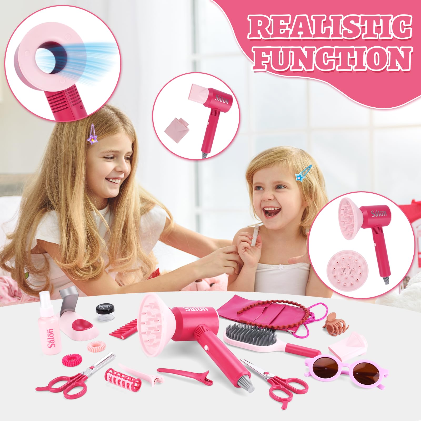 Friseur Set Kinder,Schminke Friseur Beauty Sets,25-teilig Schönheitssalon-Set Modespiel mit Haartrockner,Spiegel,Friseurkoffer Kinder Rollenspielset für Jungen und Mädchen ab 3 Jahren - Rose