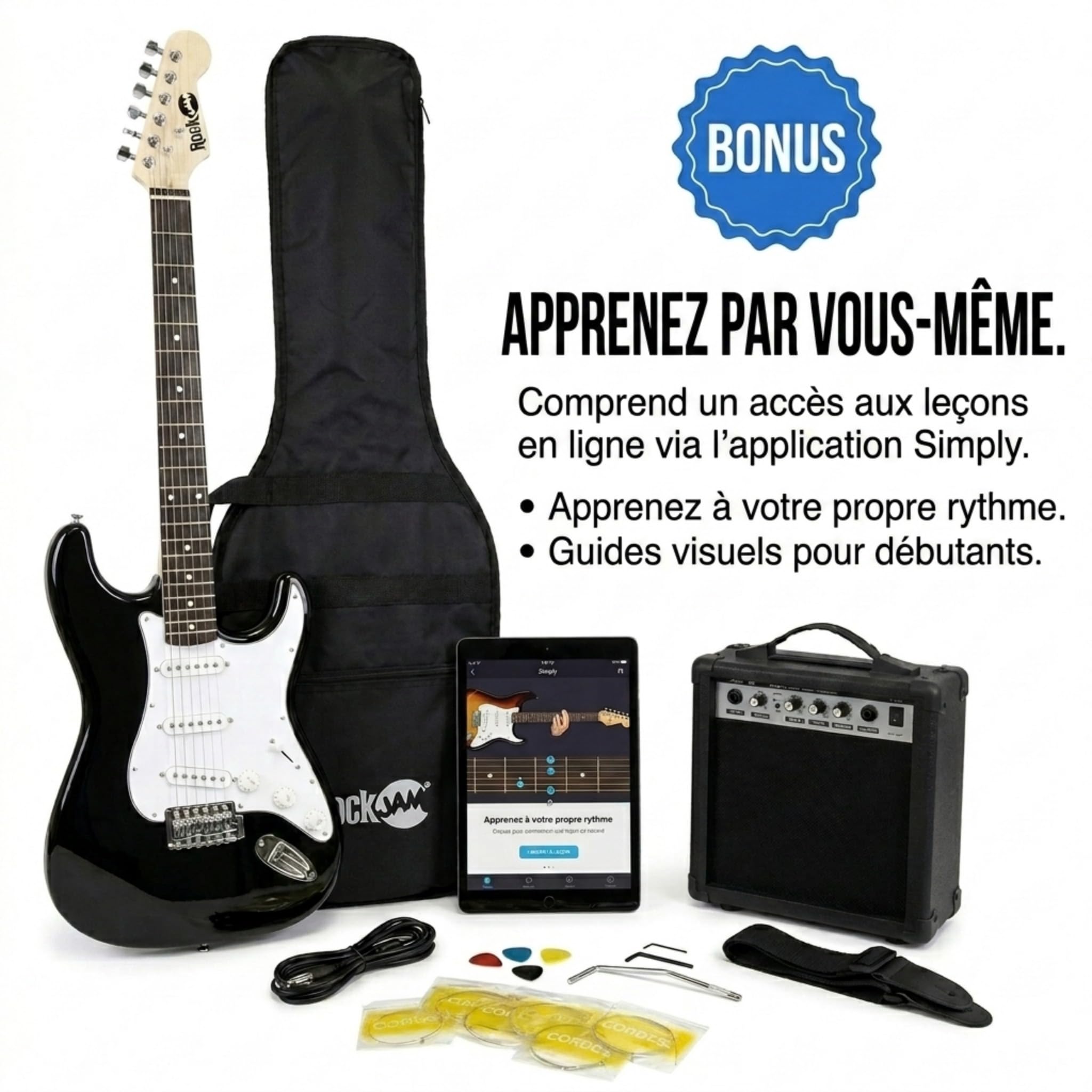 RockJam Kit Guitare Électrique Taille Standard pour Débutants, Noir, 6 Cordes avec Ampli 10 W, Housse, Sangle, Câble, Médiators et Vibrato
