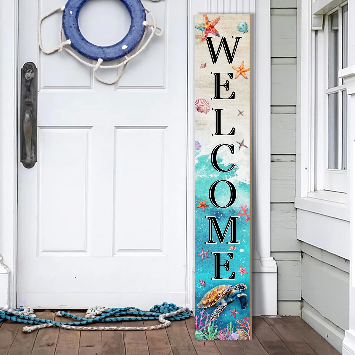 Sea Turtle Welcome Sign for Front Door, Beach Outdoor Porch Sign Home Decorations Standing Yard Sign Seasonal Wood Door Sign for Garden Tall Summer Welcome Vertical Signs for Patio Wall