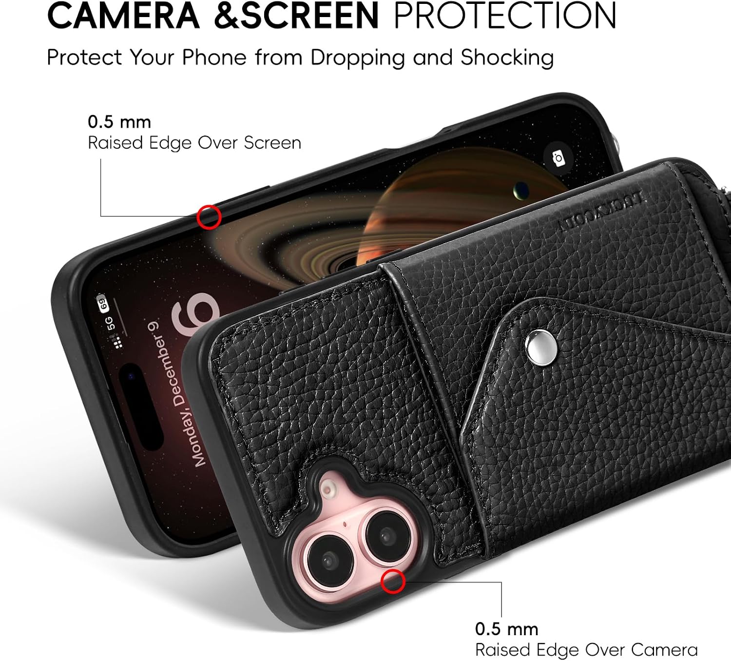 LUCKYCOIN Crossbody Phone Case for iPhone 16 Plus,100% Genuine Leather Phone Wallet Case for Women, Premium Hands-Free Phone Purse with Expandable Flip Card Holder & Adjustable Strap - Pebble Black