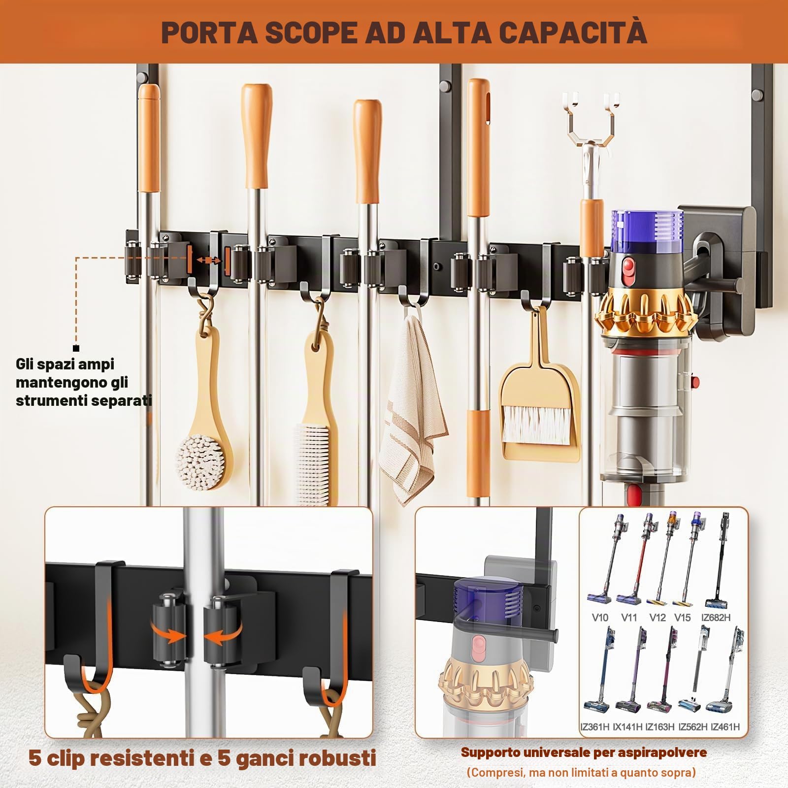 Porta Scope Parete, Portascope da Muro con 5 Supporti e 6 Ganci, Appendi Scope a Muro con Scaffali Organizzatori per Articoli di Pulizia, Ganci da Parete per Lavanderia Double-Sided