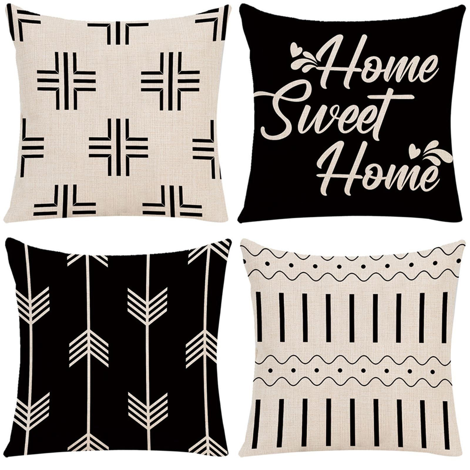 Housses de coussin 80x80cm pour canapé salon et terrasse taie d'oreiller noire en lin extérieur