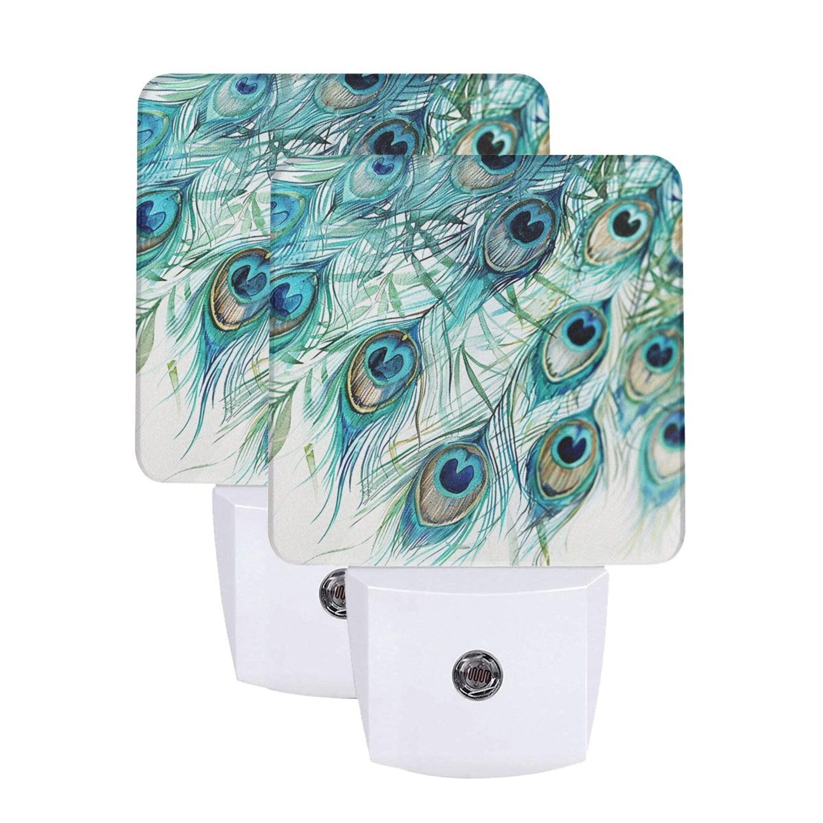 Peacock Night Light Set of 2 Auto Sensor LED Dusk-to-Dawn Nightlights Plug-in Sensor Lamp for Bedroom Bathroom Kitchen Hallway Stairs Decorative