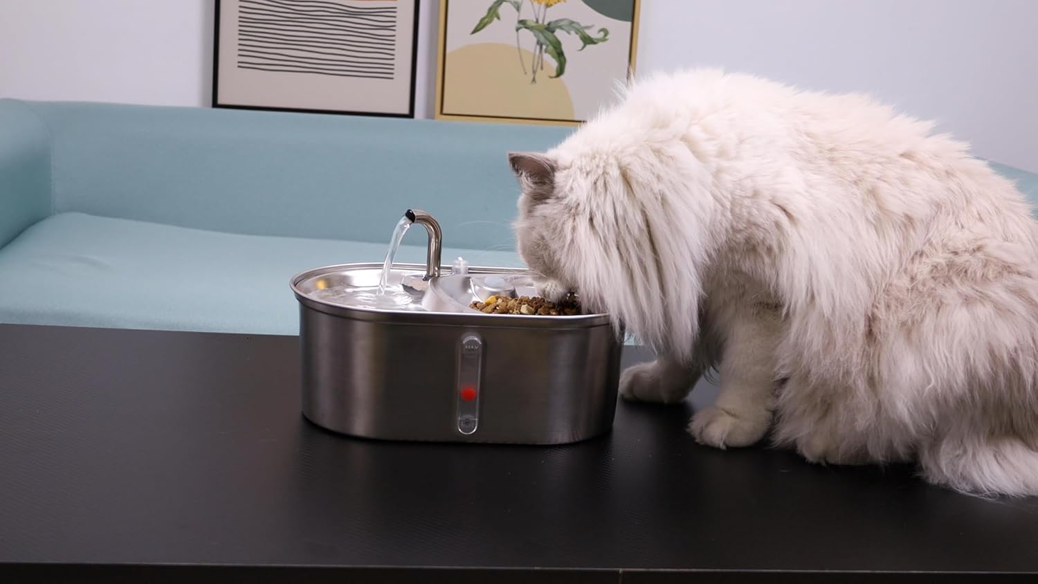 NPET WF140 Cat Water Fountain Food Bowl Stainless Steel 2 in 1 with 8 PCS Filters, 101oz/3L Automatic Pet Water Fountain, Dog Water Dispenser with Smart Pump 2 Filters for Cats, Dogs, Multiple Pets