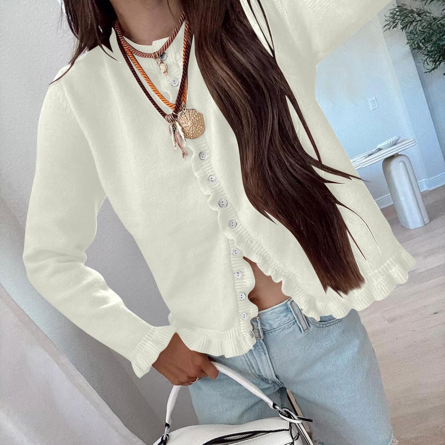 Women's Ruffle Trim Sweater Button Down Long Sleeve Dressy Open Front Cardigan Fall Fashion Soft Solid Color Tops