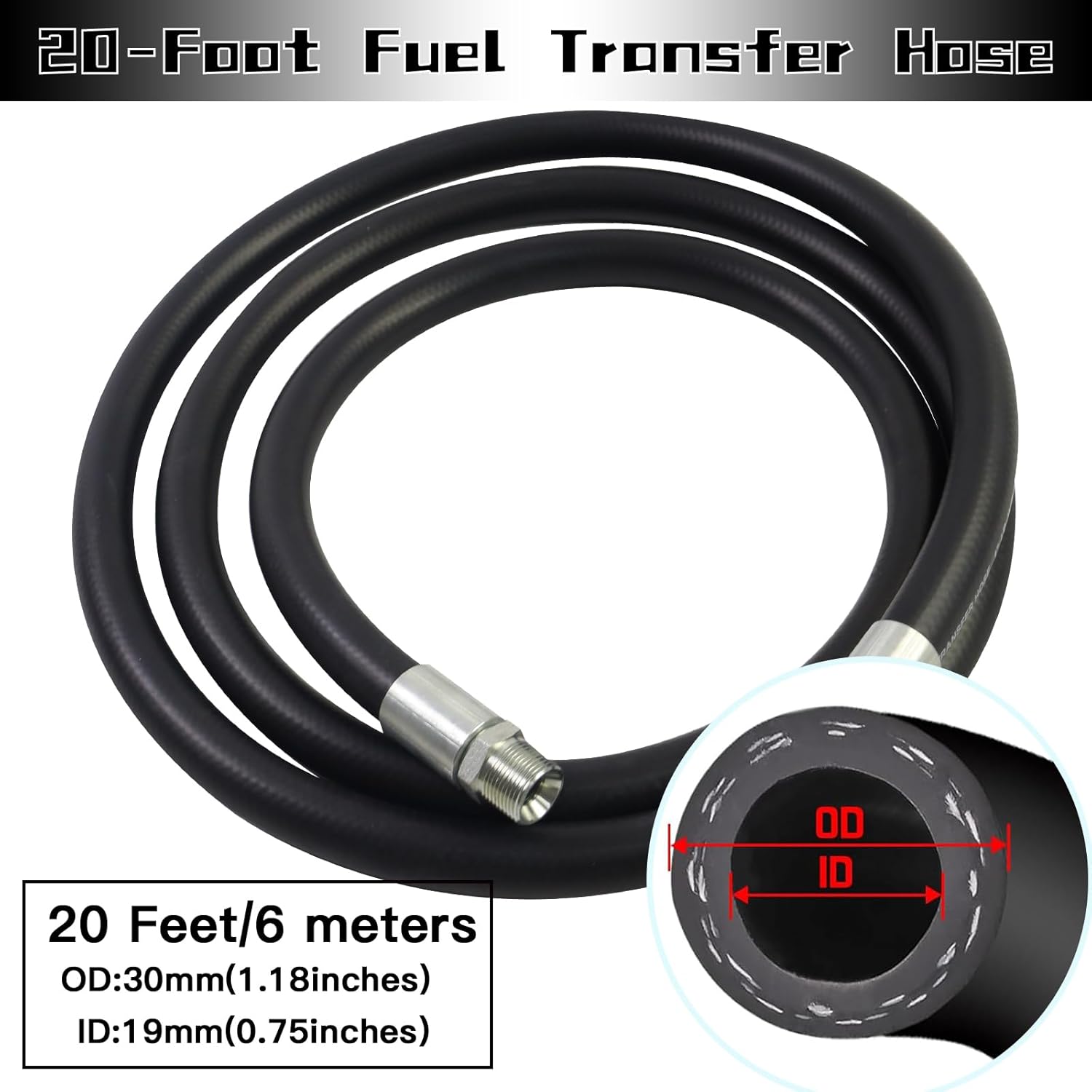 3/4" x 20' Fuel Transfer Hose Three Protective Layers Farm Fuel Hose Carbon Steel Male NPT Fittings for Dispensing Gasoline, Diesel, Kerosene, Ethanol Blends, Methanol Blends, & Biodiesel