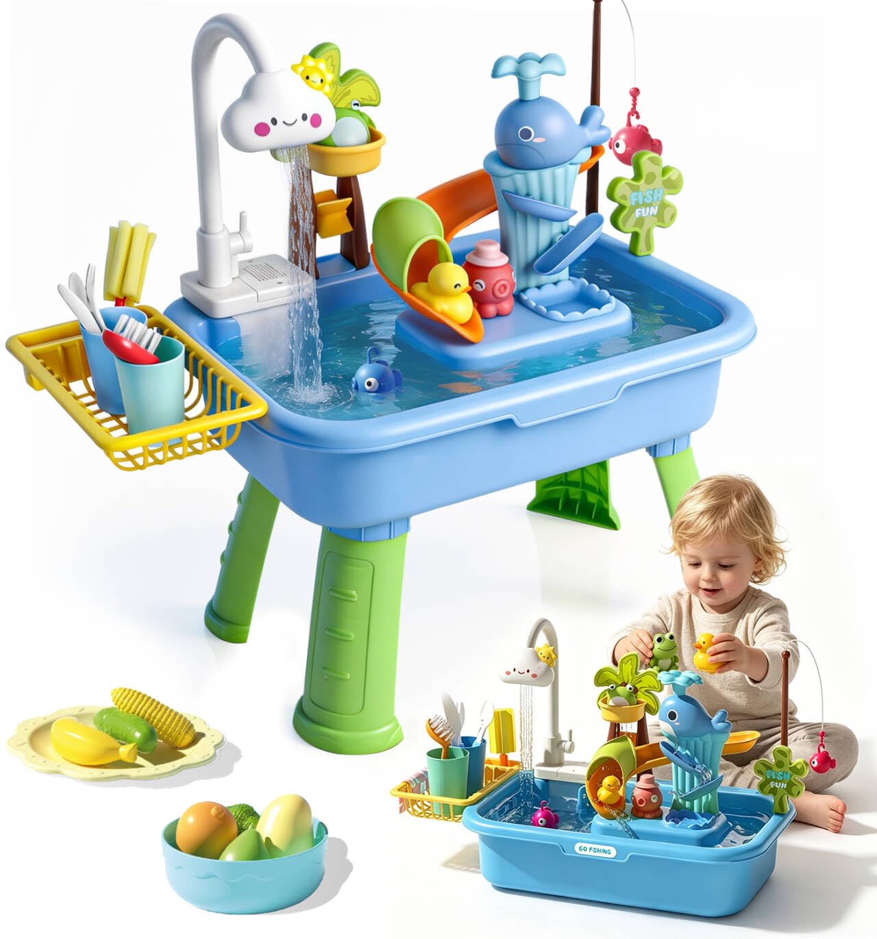 FUHSY Sand and Water Play Table with Fishing Toys, Sensory Activity Play Sets Outdoor Garden Water Toys, Beach Pool Outdoor Play Toy Kitchen Accessories for Summer Backyard Poolside Indoor