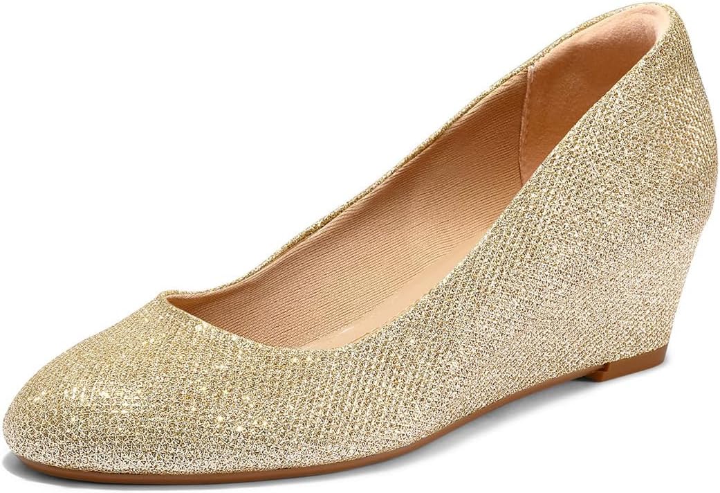 FSJ Women Round Toe Wedge Heels Pumps Closed Toe Solid Slip On Mid Heels Wedding Bride Dress Shoes Size 4-15 US