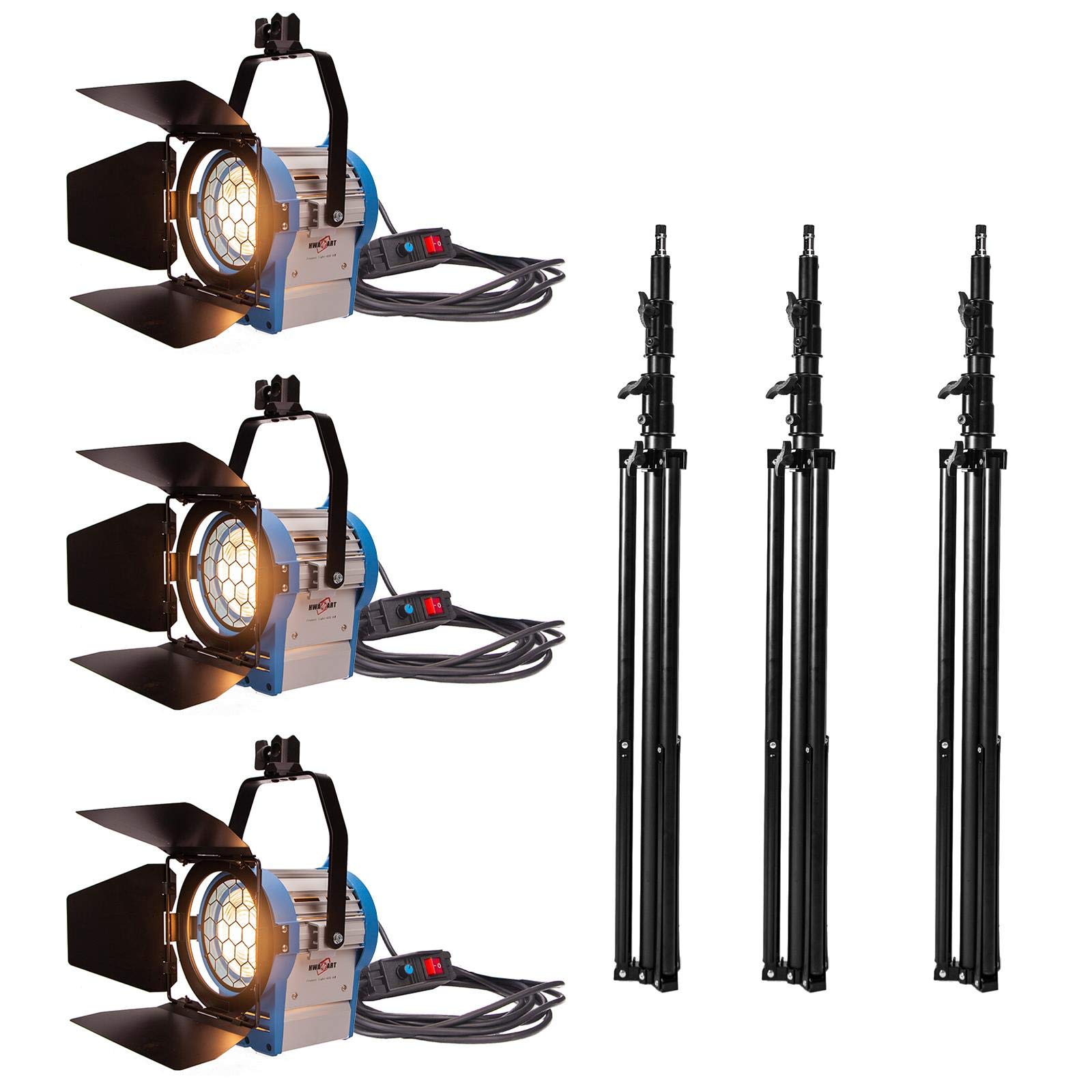 Fotográfico Estudio Película Spotlight de Fresnel de Tungsteno Iluminación Continua Mandarina de Vídeo 650W Kit: 3X 650W Spotlight, 3X Soporte de luz y Bombilla Halógena