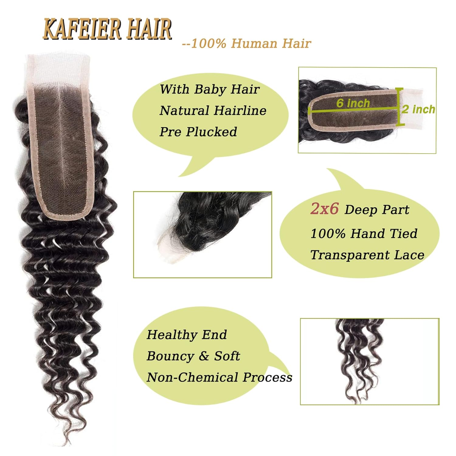 2x6 Deep Wave Closure Brazilian 100% Unprocessed Human Virgin Hair Deep Wave Hd 2x6 Lace Closure Natural Hairline With Baby Hair Wet And Wavy Color Black 16 Inch