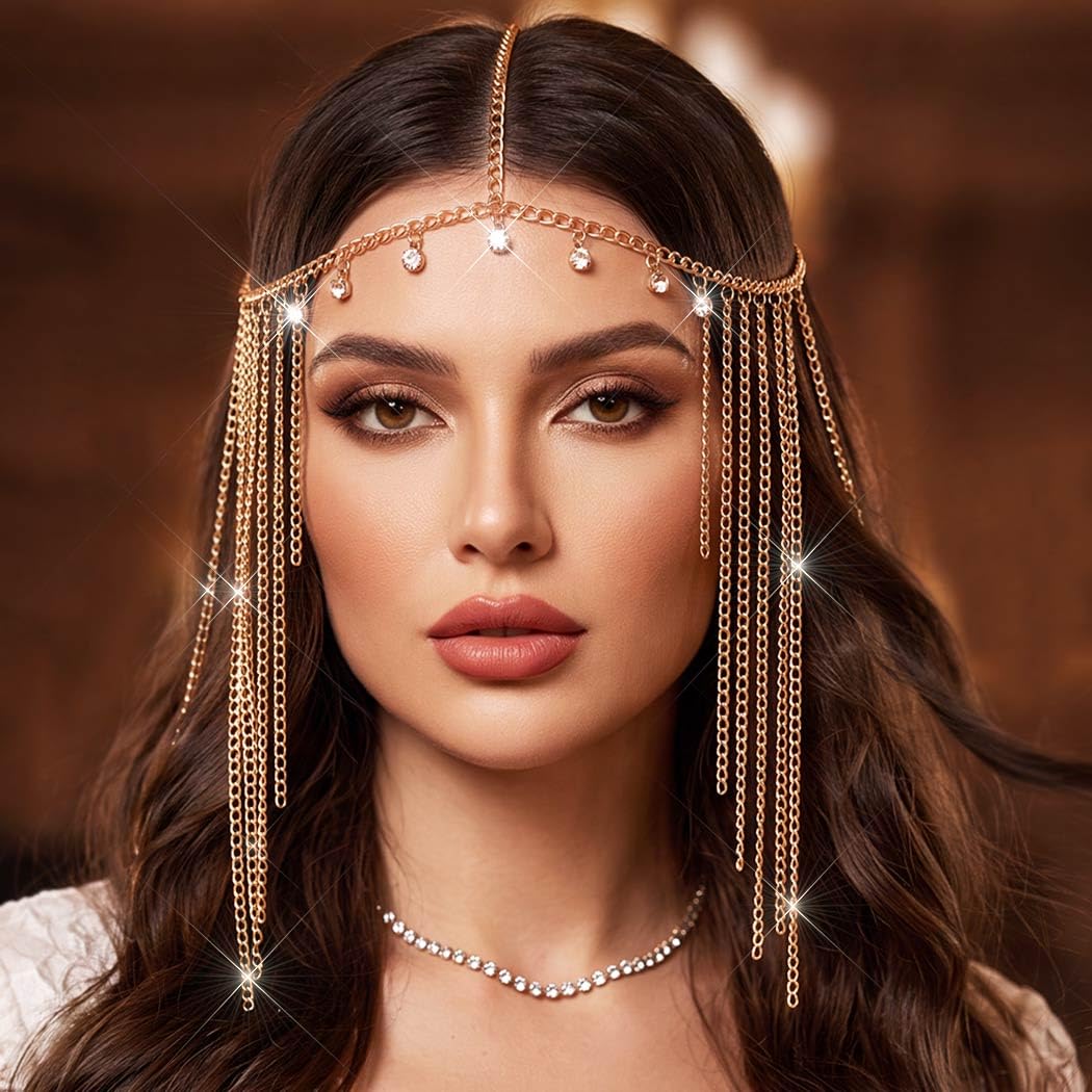 GORTIN Rhinestones Head Chain Jewelry Gold Headpiece Tassel Egyptian Hair Chain Boho Festival Costume Hair Accessories for Women