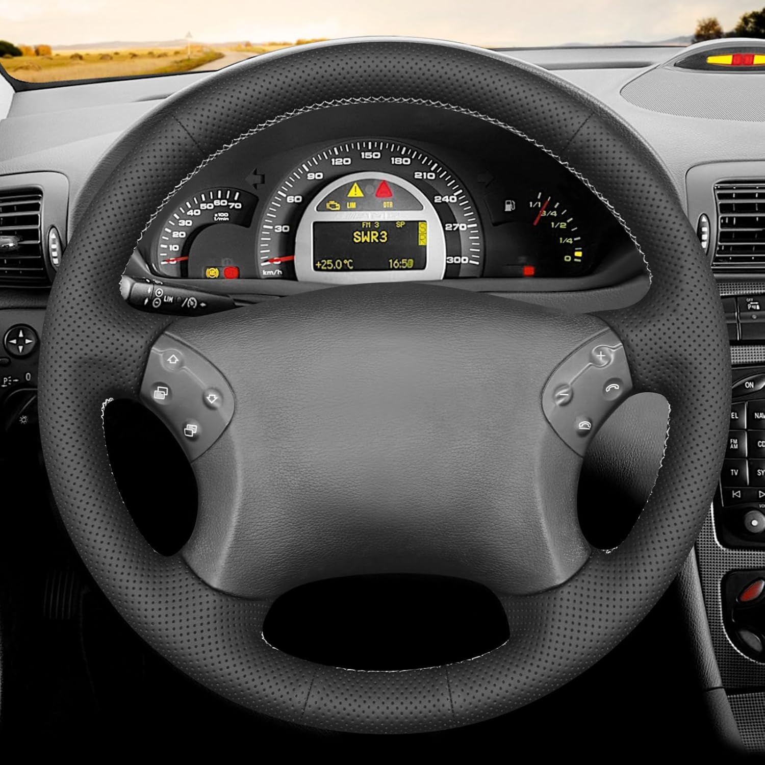 MEWANT Hand Stitched Steering Wheel Cover Wrap for C-Class W203 2001-2007 / C32 AMG 2002-2003 Steering Wheel Accessories for C-Class W203